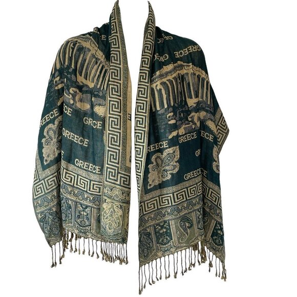 Pashmina Cashmere Scarf Greek Collectible The Parthenon Teal and Beige   26 x 68 - Picture 1 of 5